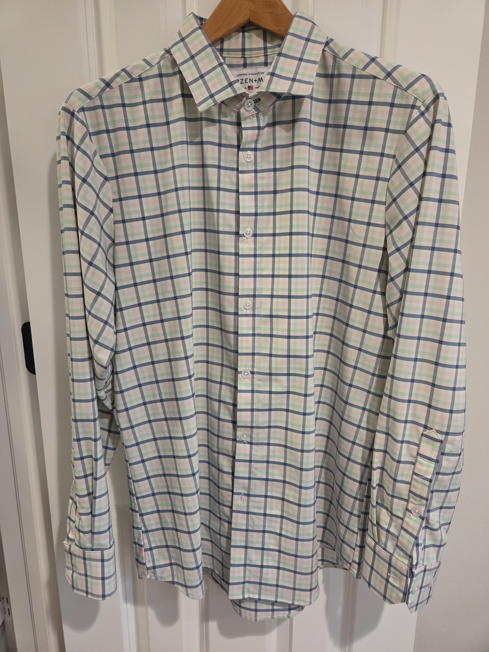Mizzen+Main White Plaid Dress Shirt with Blue & Green Checks